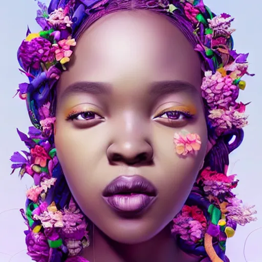 Image similar to colourful vfx art - portrait of nigerian girl wrapped in flowers & vines, art by hsiao - ron cheng & james jean, volumetric light, ray tracing, sharp, detailed, digital painting, illustration, highly detailed, intricate detail, unreal engine, octane render, pinterest, behance, art station,