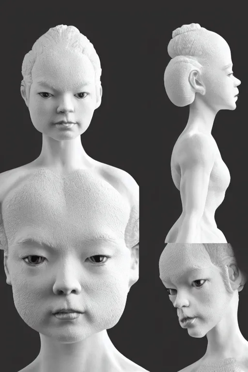 Prompt: full head and shoulders, realistic bjork porcelain ballerina sculpture, smooth, delicate facial features, white eyes, white lashes, detailed white, lots of 3 d gold chinese dragons anatomical, all white features on a white background, by daniel arsham and james jean