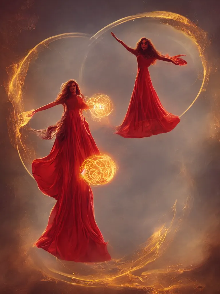 Prompt: A woman floats in midair, encircled by a ring of fire. She wears a crimson gown and her hair is wild and flowing. In her hands she holds a staff adorned with a large crystal ball, super coherent, trending on artstation, single subject, female, magic, by Lulu Chen and Mandy Jurgens