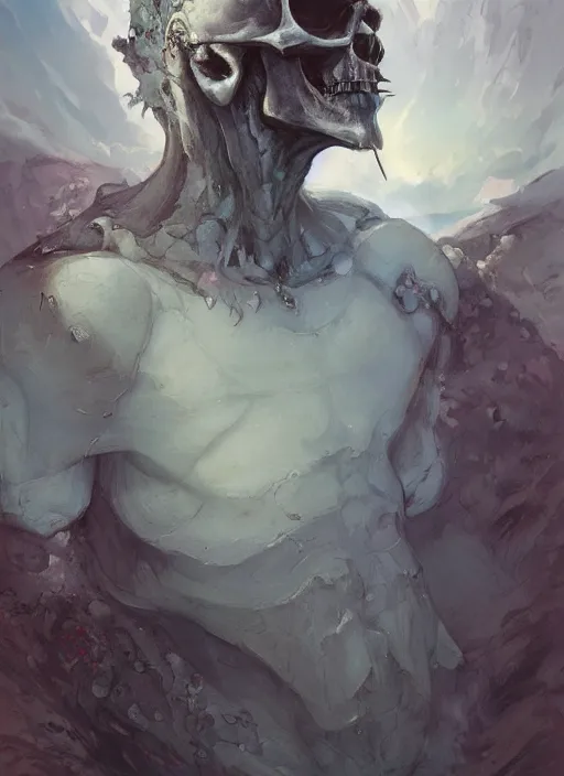 Prompt: a portrait of a male character, skull nose, in a scenic environment by Ross Tran and by Jesper Ejsing and by Mikalojus Konstantinas Ciurlionis