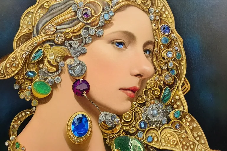 Image similar to highly detailed oil painting, front view, very realistic gemstones, art nouveau, ornate, delicate, brilliant precious gemstones necklace, necklace on display, dramatic light,