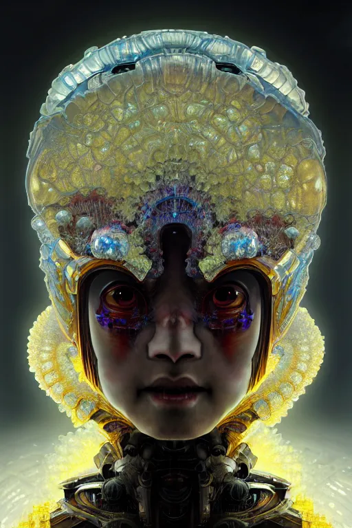 Image similar to asura from chinese myth, ghost, gorgeous and huge head ornaments, dystopian, cyberpunk, organic fractal mycelum and fungi, mecha, halfturn portrait of a big crystal face made of crystals half - turn, ominous, intricate, studio, art by anthony macbain + greg rutkowski + alphonse mucha, concept art, 4 k, sharp focus