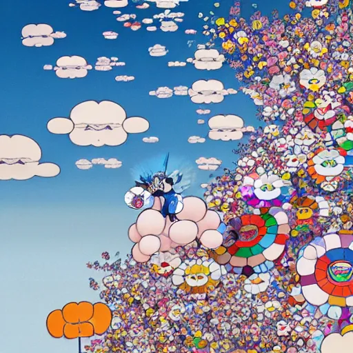 Image similar to a man walking on clouds above kyoto by takashi murakami,, aya takano color style, 4 k, super detailed