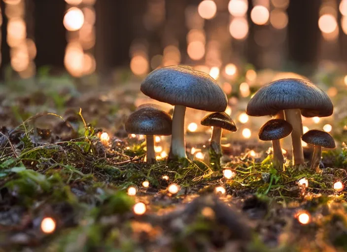 Image similar to a magical forest with delicate mushrooms that glow in the dusk, macro close up, bokeh,