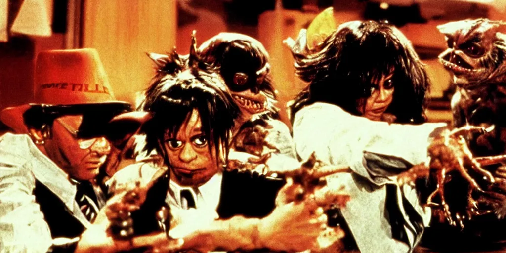 Prompt: frame from gremlins pulp fiction