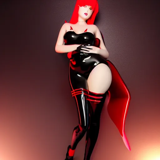 Prompt: a feminine curvy young hot demoness wearing a modest regal red-silver-gold-black latex-nylon outfit, dark eyeshadow, eyelashes, cgsociety, photorealistic, sublime-hyperadvanced-amorous ambience, 16k, smooth, sharp focus, trending on ArtStation, volumetric lighting, fully clothed, thin waist