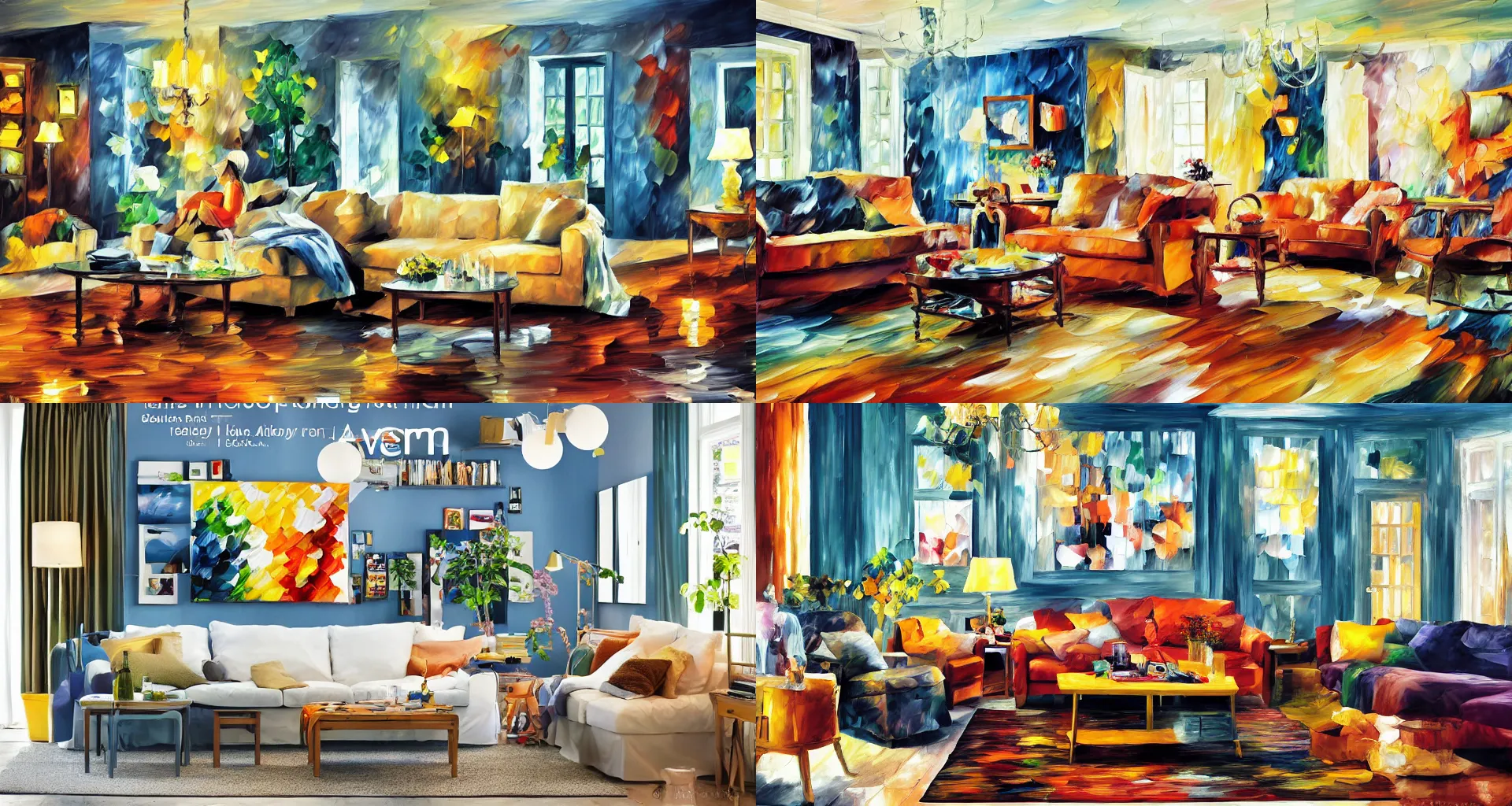 Prompt: IKEA catalogue photo of a living room, by Leonid Afremov