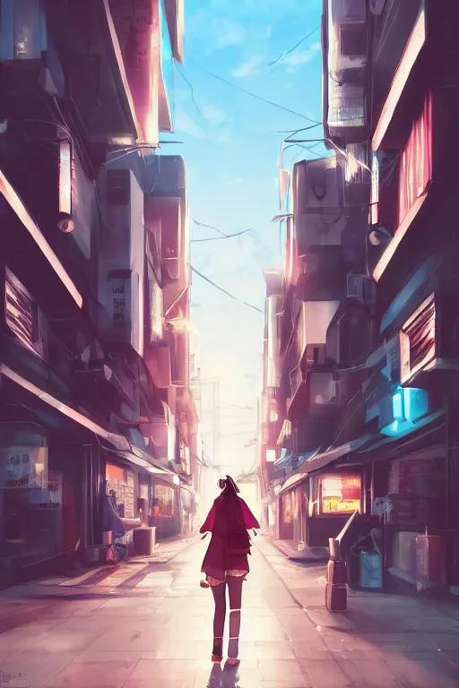 Image similar to anime teen with headphones walking at the streets of tokyo at dawn, wlop, concept art, digital painting, trending on artstation, highly detailed, epic composition, 8 k uhd