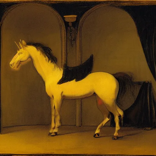 Image similar to a black unicorn in a gold haunted liminal room, digital painting by goya, colors by pontormo, lights by hopper, extreme detail, liminal aesthetic, background art nouveau