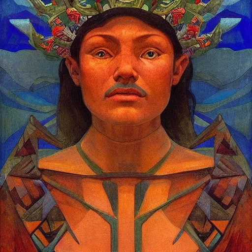 Image similar to the forest crown, by Annie Swynnerton and Nicholas Roerich and Diego Rivera, blue skin, elaborate costume, geometric ornament, rich color, dramatic cinematic lighting, smooth, sharp focus, extremely detailed