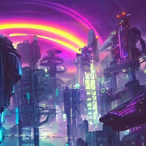 Image similar to a city of light built in the side of a giant robot corpse repurposed to save the planet, set in the distant future, plants, light prisms, rainbow diffraction, steampunk, cyberpunk, warm lights, anime, vhs distortion