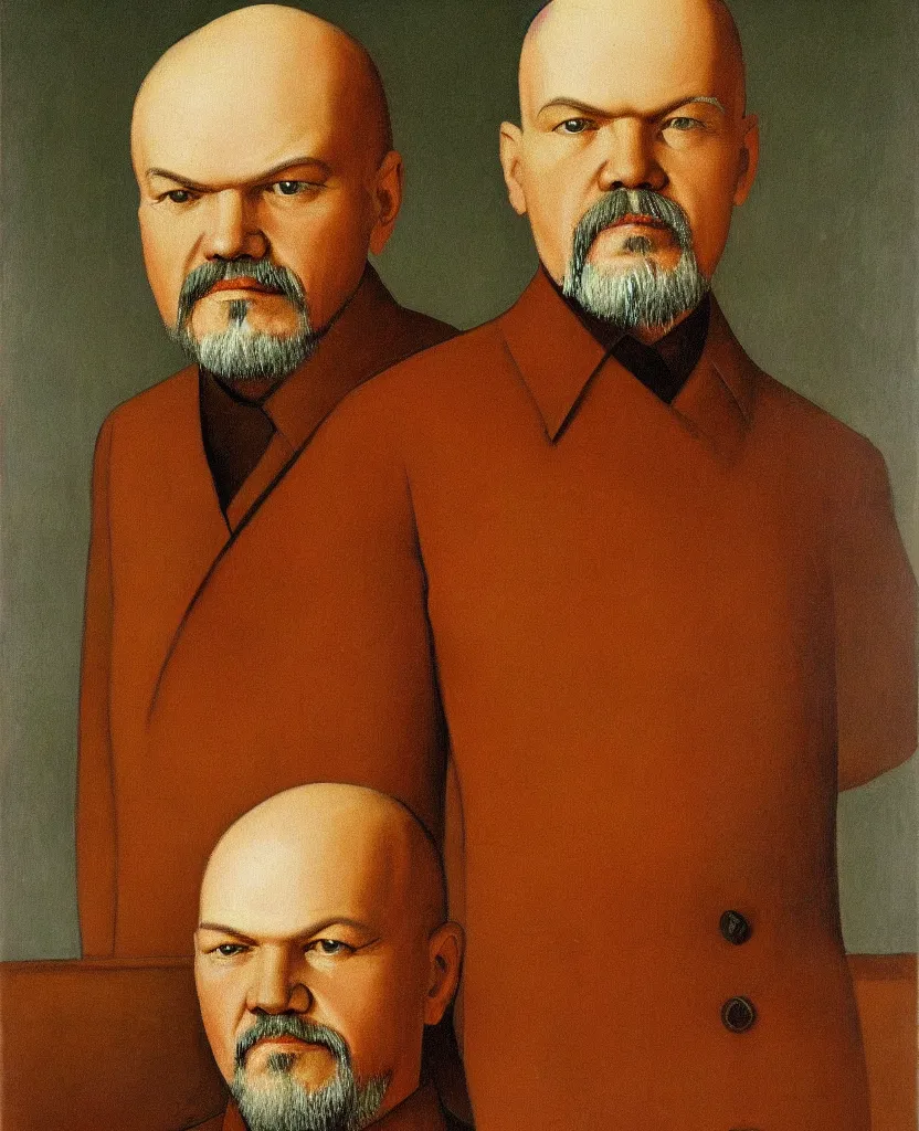 Image similar to The portrait of Vladimir Lenin as a humanoid fungi. Painted by Grant Wood