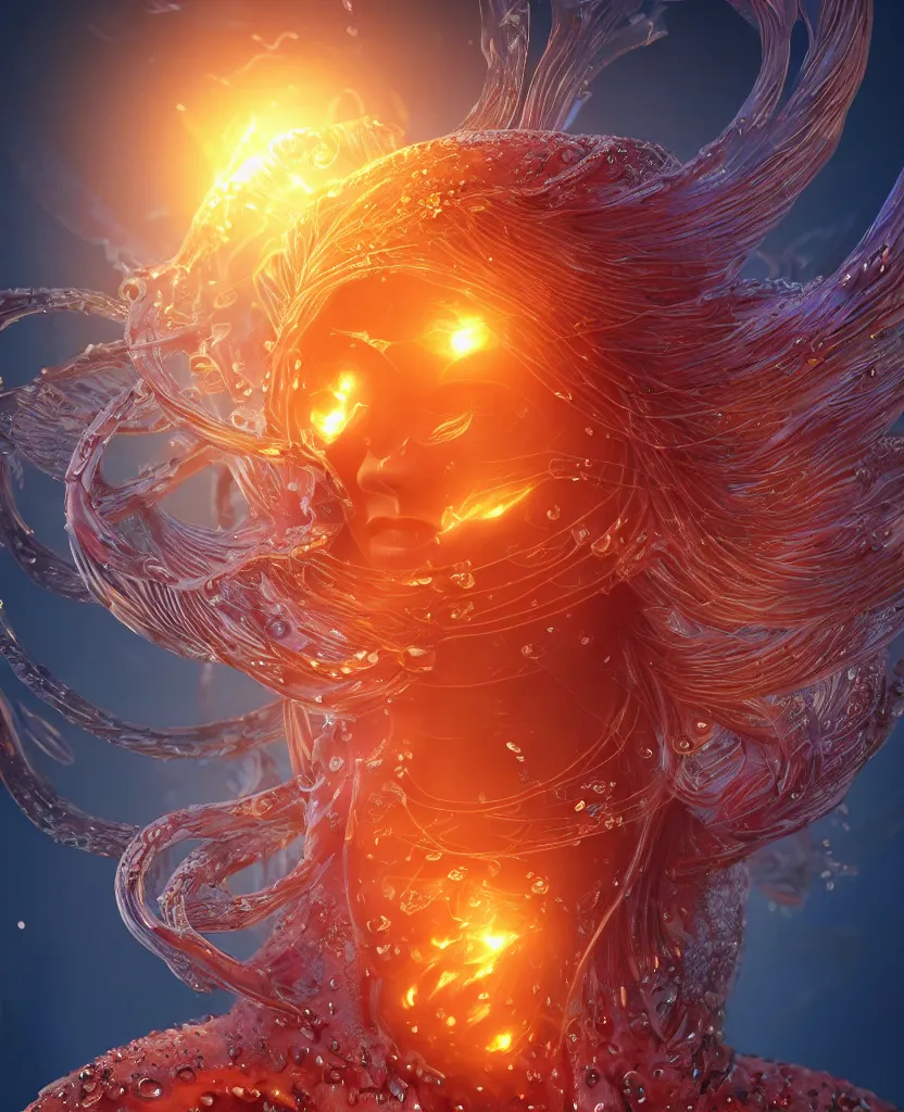 Image similar to close-up macro portrait of the face of a beautiful princess, epic angle and pose, symmetrical artwork, 3d with depth of field, blurred background, cybernetic jellyfish female face skull phoenix bird, translucent, nautilus, energy flows of water and fire. a highly detailed epic cinematic concept art CG render. made in Maya, Blender and Photoshop, octane render, excellent composition, cinematic dystopian brutalist atmosphere, dynamic dramatic cinematic lighting, aesthetic, very inspirational, arthouse. y Greg Rutkowski, Ilya Kuvshinov, WLOP, Stanley Artgerm Lau, Ruan Jia and Fenghua Zhong