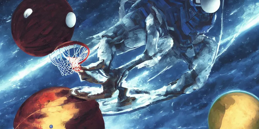 Prompt: digital painting of a monster dunking a basketball in space, by vincent di fate and takehiko inoue, highly detailed, science fiction, intricate, anime, ghost in the shell color scheme, masterpiece