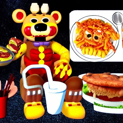 Prompt: Freddy Fazbear mukbang