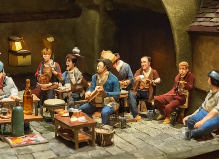 Image similar to group of travelers drinking beer & singing in a tavern as tiny miniatures diorama, directed by Nobuhiko Obayashi