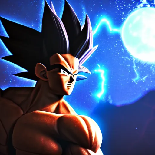 Prompt: full shot of angry darkness warrior style goku super saiyan at moonlight, snowing, lightning bolt, detailed, unreal engine 4k volumetric light, fog,