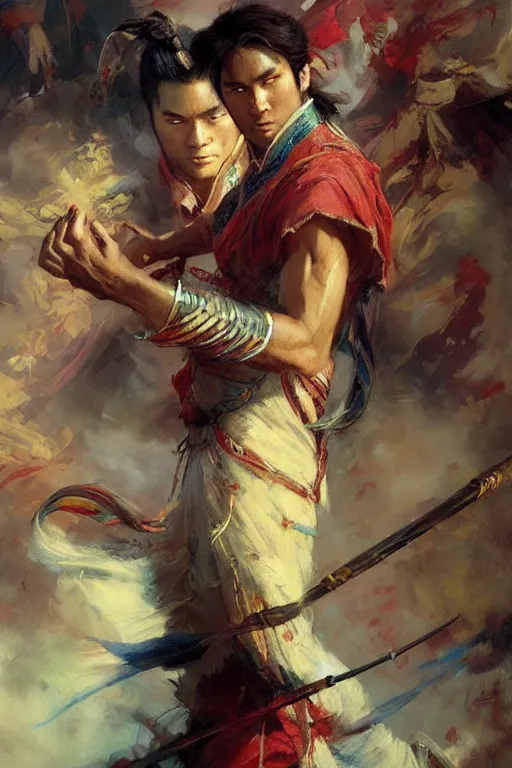 Image similar to attractive man, wuxia, colorful, painting by gaston bussiere, craig mullins, greg rutkowski, j. c. leyendecker