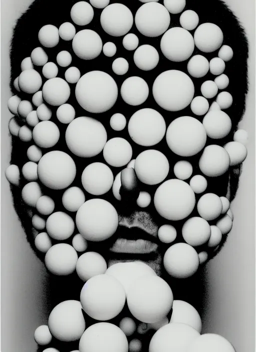 Image similar to realistic object photo portrait of face made of black and white ping pong balls, readymade, dadaism, fluxus, man ray, x - ray, electronic microscope 1 9 9 0, life magazine photo