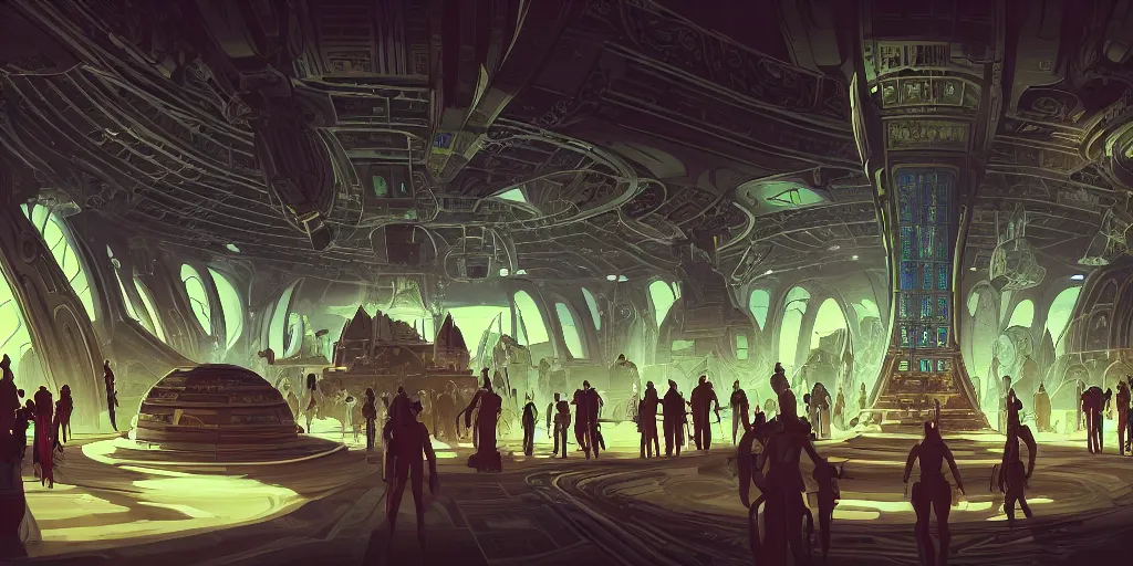 Image similar to cel shaded cinematic shot of the interior of a sci-fi space station with ornate Elven architecture bustling with people, epic castle, emerald, crystalline, detailed illustration, sharp focus, concept art