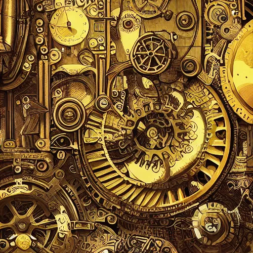 Image similar to A highly detailed and beautiful illustration of a steampunk world, by Scott Wills and J.C. Park and Pauline Olivieros, with intricate machinery, cogs, and gears, in a fantastical landscape, with a golden ratio composition