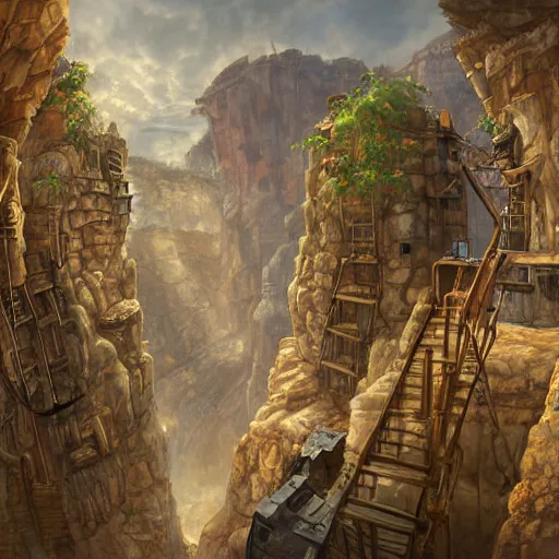 Image similar to arid steampunk fantasy city built into canyon walls. houses are built on platforms on the canyon walls with precarious walkways and ladders between them. the canyon floor is covered in larger stone buildings and shops. realistic, highly detailed painting concept art