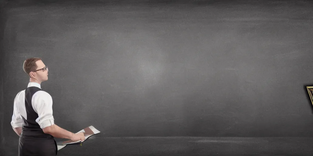 Prompt: male accountant examining the mysteries of tarot cards on a blackboard, background is chalk and blackboard, matte painting, high quality