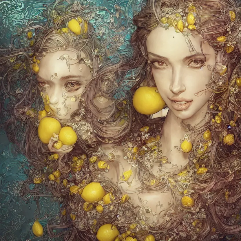 Image similar to the portrait of a sensual lemon personified as an absurdly beautiful, graceful, elegant, sophisticated, young woman made up of lemons, an ultrafine hyperdetailed illustration by kim jung gi, irakli nadar, intricate linework, bright colors, octopath traveler, final fantasy, unreal engine 5 highly rendered, global illumination, radiant light, detailed and intricate environment