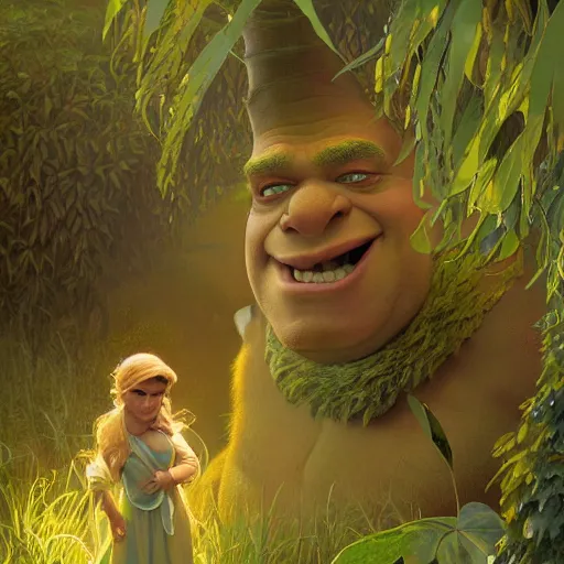 Image similar to shrek hiding in the bushes, highly detailed, digital painting, artstation, concept art, smooth, sharp focus, illustration, art by artgerm and greg rutkowski and alphonse mucha