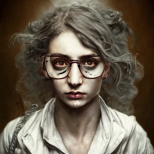 Prompt: epic portrait a zombie in a white nurse uniform, dirty, bloody, curly hair, broken glasses digital painting, artstation, concept art, soft light, hdri, smooth, sharp focus, illustration, fantasy, intricate, elegant, highly detailed, D&D, matte painting, in the style of Greg Rutkowski and Alphonse Mucha and artemisia, 8k, highly detailed, jurgens, rutkowski, bouguereau, pastoral, rustic, georgic