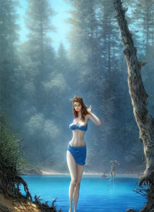 Prompt: on the sandy beach of a blue lake in a pine forest, hyperrealism, no blur, 4 k resolution, ultra detailed, style of tyler edlin, tom bagshaw, arthur rackham, ivan shishkin