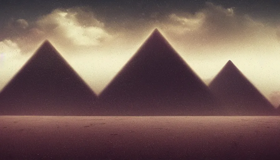 Image similar to rainy cloudy dark moody desert landscape scene with large mysterious detailed desert pyramids, fantasy, ambient, vaporwave, retro, surrealism, volumetric lighting, digital art, pixel sorting, trending on artstation