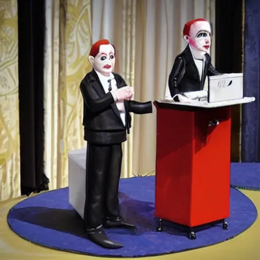 Image similar to puppeteer using marionette of a president in a podium