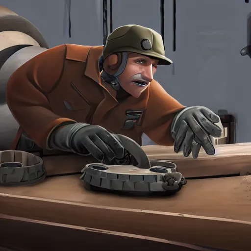 Prompt: the engineer from TF2 building the Maus tank, photorealistic, 4k