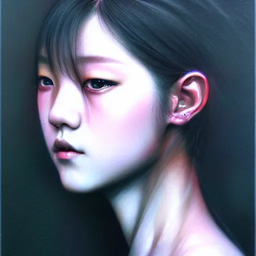 Image similar to jisoo of blackpink, hyperrealistic portrait, bladerunner street, by karol bak and agnes cecile, fantasy art, photo realistic, dynamic lighting, artstation, poster, volumetric lighting, very detailed face, intricate complexity, rule of thirds, 8 k, award winning