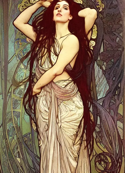 Prompt: a beautiful painting of monica belluci by alphonse mucha and rebecca guay and john william waterhouse, art noveau, neo-classical, trending on artstation