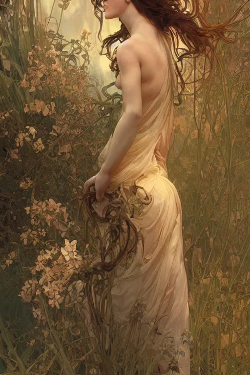 Image similar to beautiful natural coy cottagecore goddess maiden, master drawing, intricate, elegant, highly detailed, digital painting, artstation, concept art, smooth, sharp focus, illustration, art alphonse mucha and james gurney and craig mullins and wlop