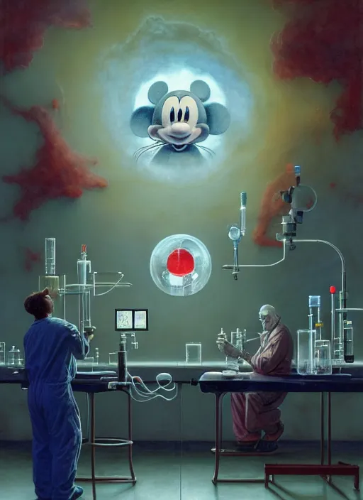 Prompt: scientists in laboratory, single giant mickey mouse face by donato giancola and greg rutkowski and wayne barlow and zdzisław beksinski, netflix logo, military base, colored gels, studio photography, 3 5 mm film look