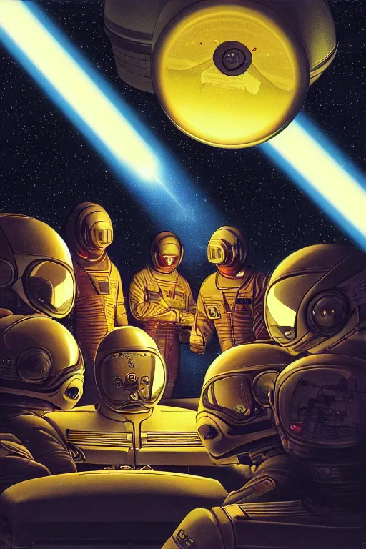 Image similar to an illustration of the crew of a spaceship are huddled over a glowing console, by barclay shaw