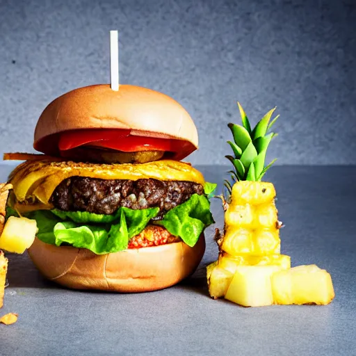 Prompt: juicy hamburger with crispy buns topped with pineapple, 8 k resolution, food photography, studio lighting, sharp focus, hyper - detailed