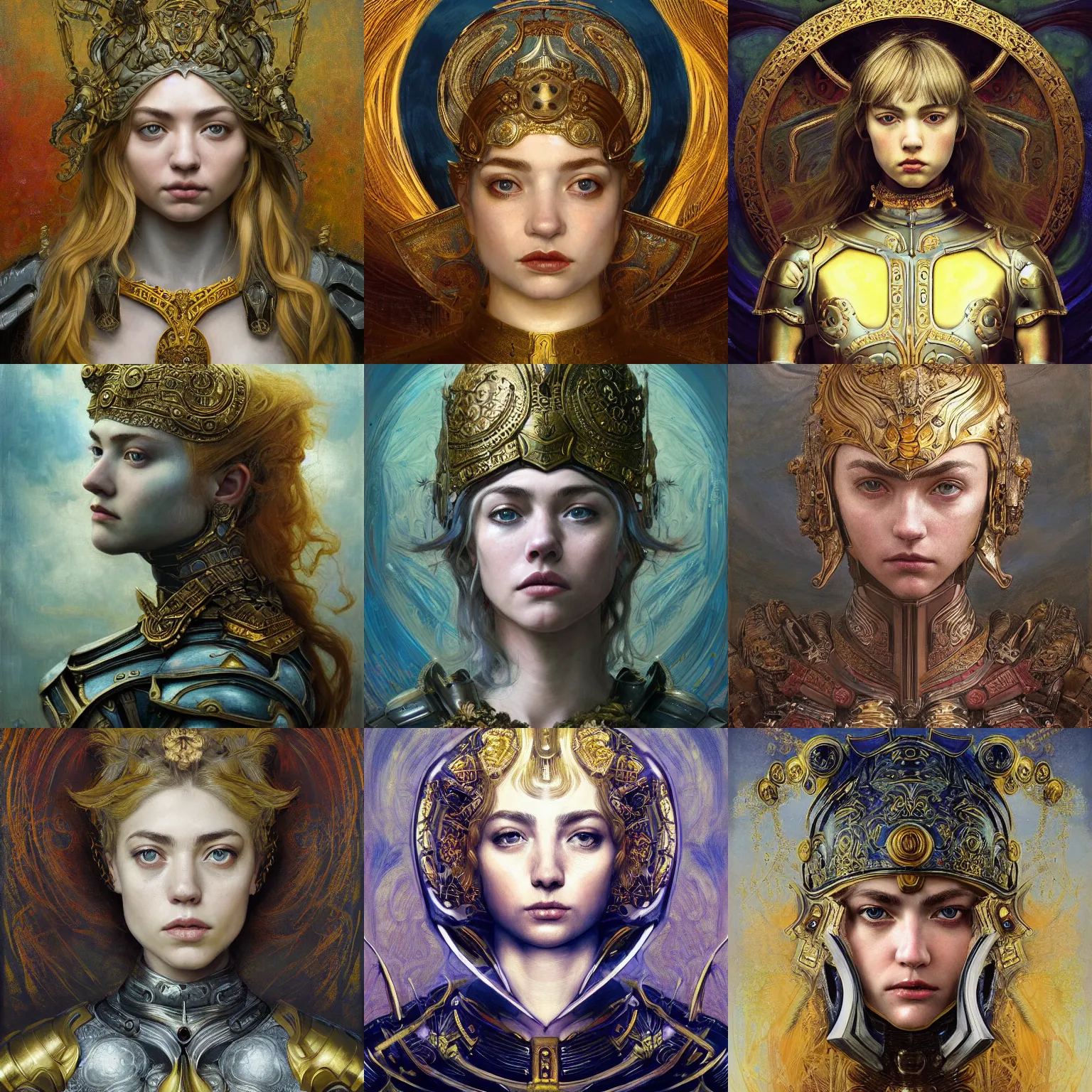 Prompt: masterpiece head-on symmetrical centered painted portrait, Imogen Poots as a warrior paladin, blonde hair, golden halo, ornate iron armour, ornate abstract fractal background, elegant, distant, in the style of Edgar Maxence and Ross Tran and Zdzisław Beksiński and Michael Whelan and Anna Podedworna and gustav dore and H.R. Giger, 8k, octane render
