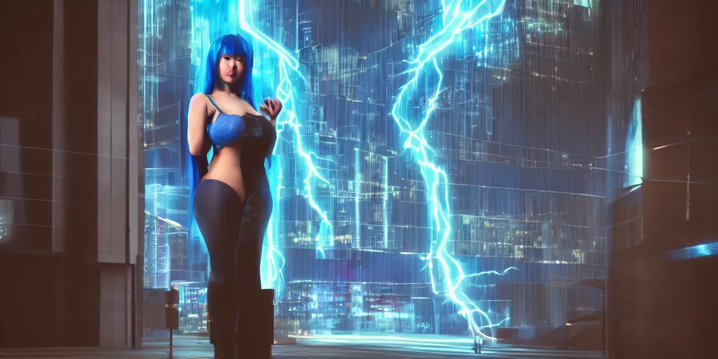 Prompt: A hot Asian voluptuous female with blue hair and glowing eyes wanders, hyperrealistic, cyber universe, glass buildings, volumetric lightning, reflections, octane render 8K