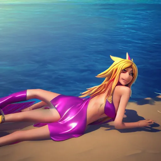 Prompt: beautiful render of pool party Ahri (league of legends) looking at the horizon in a hawaii beach, 3d, octane render, realistic, highly detailed, trending on artstation
