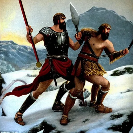 Image similar to ultra realistic leonidas i of sparta and richard the lionheart have a final duel on the snowy peaks, a blizzard is occurring, detailed