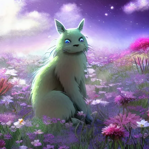 Prompt: detailed spirit creature in the flowers at night made by studio ghibli, beautiful scene, detailed, high quality, high details, smooth, ghibli artstyle, 8 k, guy