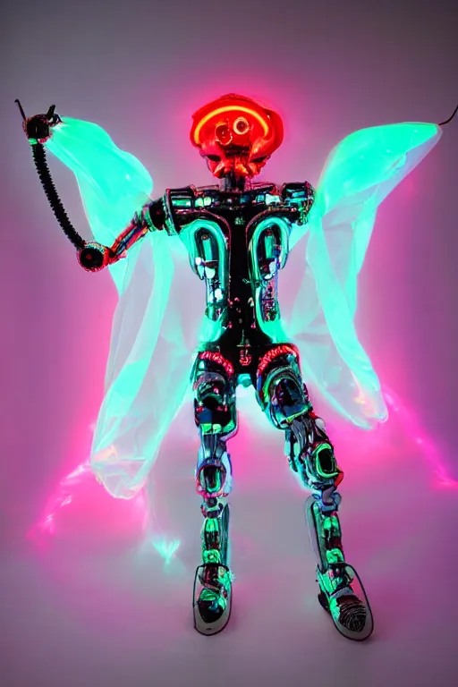 Image similar to full-body rococo and cyberpunk style mint neon and ceramic statue of a muscular attractive Spanish robot god humanoid wearing a thing see-through plastic cloak sim roupa, posing like a super hero, suspended to the wall thick clear cables around his wrists, glowing mint face, crown of red steampunk lasers, emeralds, swirling silver silk fabric. futuristic elements. oozing glowing liquid, full-length view. space robots. human skulls. throne made of bones, intricate artwork by caravaggio. Trending on artstation, octane render, cinematic lighting from the right, hyper realism, octane render, 8k, depth of field, 3D