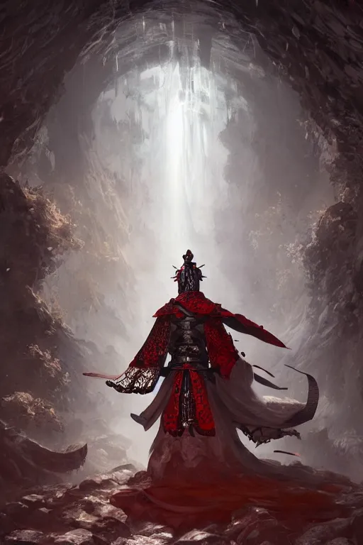 Prompt: a powerful samurai cloaked in white, carrying swords on his back, standing under a beam of light, a dark cave, ruby red sorrow, intricate, elegant, highly detailed, ornate, beautifully lit, ray traced, octane render by Peter Mohrbacher and Peter Gric