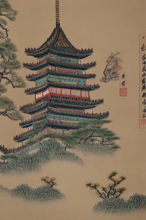 Image similar to A painting of the traditional Chinese tower