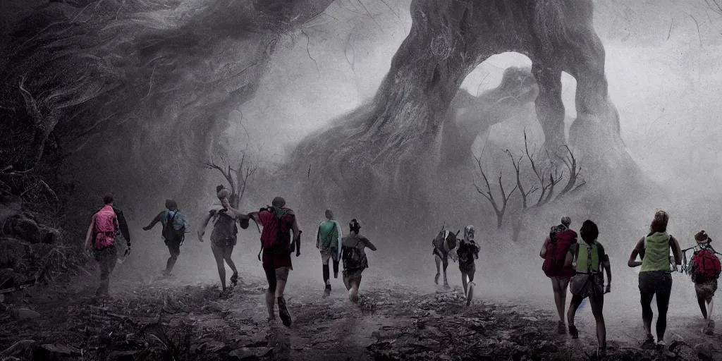 Prompt: A hiking group running away from an ancient eldritch monster, horror movie cinematic, rain stormy fog, terrifying nightmare