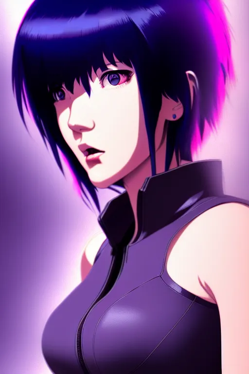 Image similar to a still fullbody portrait of motoko kusanagi ghost in the shell, finely detailed features, closeup at the faces, perfect art, at a cyberpunk city, gapmoe yandere grimdark, trending on pixiv fanbox, by ilya kuvshinov, rossdraws, artgerm